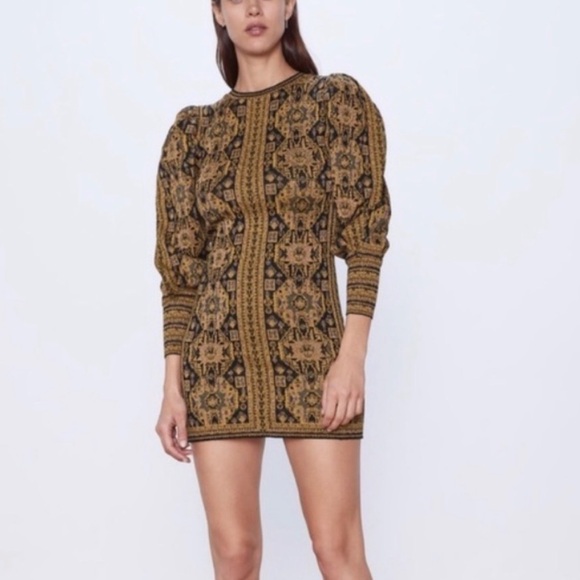 ZARA NWOT Brocade Print Gold Metallic Puff SLV Crew Moody Romantic Boho Mini M - Picture 1 of 16